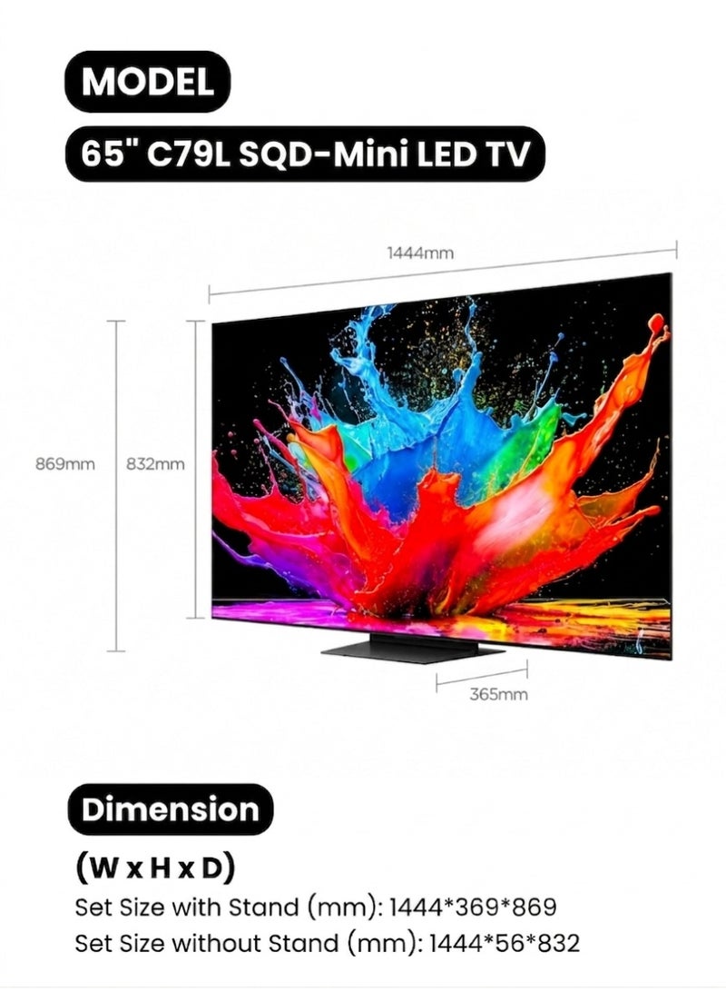 TCL 65-inch C79L Premium SQD-Mini LED 4K Smart Google TV (65C79L UAE Version - 2026 Model), TSR AiPQ Processor, Up to 3000 Nits HDR, 1,152 Precise Dimming Zones, HVA 2.0 Pro Panel, 288Hz VRR Game Accelerator 65C79L Black - Image 2