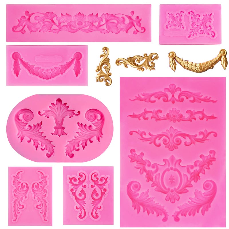 Rainmae Rainmae 7 Pcs Baroque Fondant Silicone Molds Relief Flower Lace Chocolate Mould Scroll Lace Clay Mold Filigree Mold 3D Sculpted Decoration Cupcake Topper Jewelry Polymer Clay Crafting Projects 