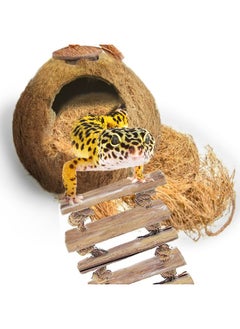 SunGrow SunGrow Leopard Gecko Coconut Husk Hut with Ladder and Coco Fiber Bedding, with Shell Opening, 2.5” Opening Diameter, Cave Habitat with Hanging Loop, 1.5 oz Fiber Bedding  - Image 1