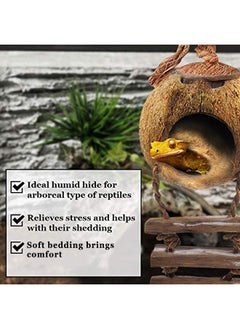 SunGrow SunGrow Leopard Gecko Coconut Husk Hut with Ladder and Coco Fiber Bedding, with Shell Opening, 2.5” Opening Diameter, Cave Habitat with Hanging Loop, 1.5 oz Fiber Bedding  - Image 3