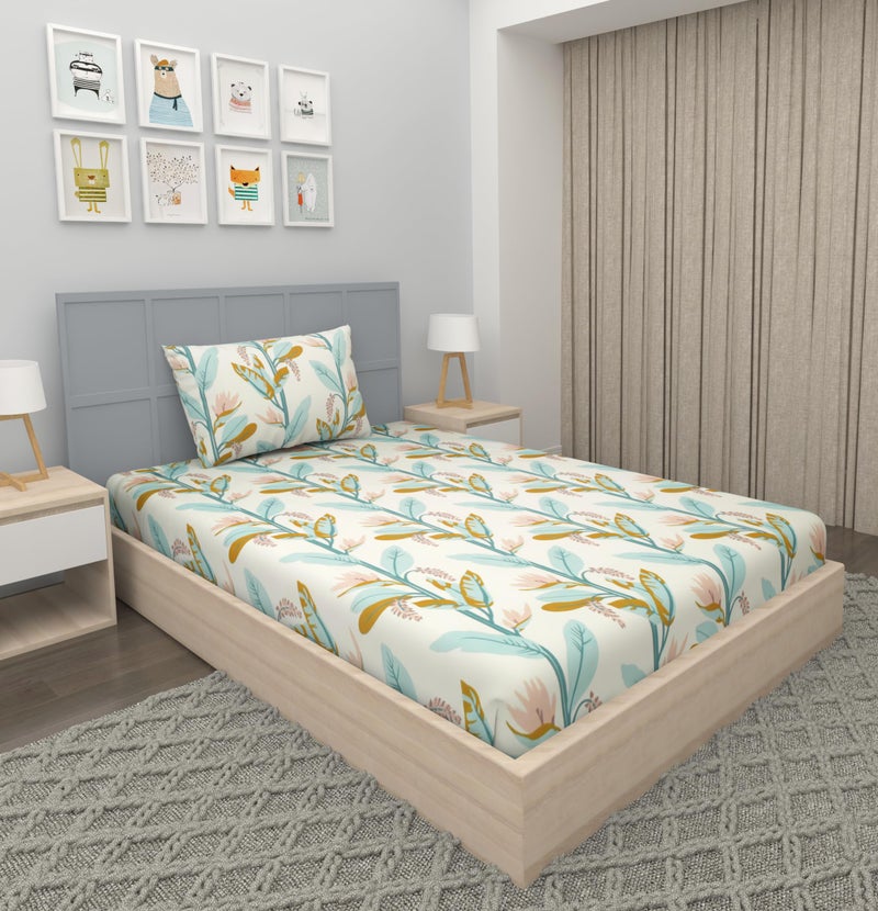 VOMZER 300 Threadcount Elastic Floral Fitted Bedsheets Single Bed With 1 Pillow Cover | Single Bed With All Around Elastic, Size 36 X 72 X 10 Inches (Green Tree), Smallsingle - Image 5