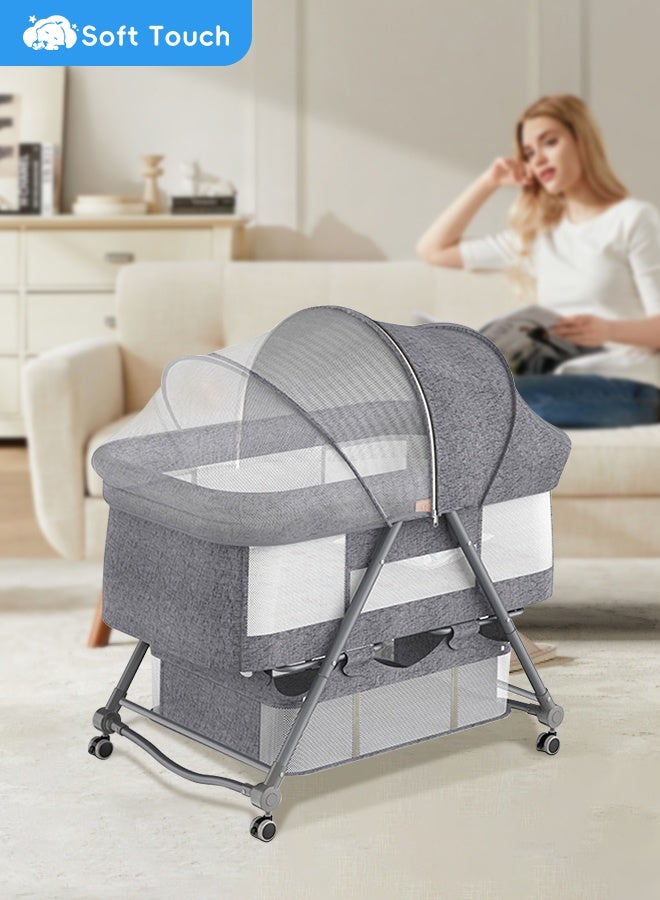 Soft Touch Baby Cot 3 In 1 Baby Bassinets Portable Baby Crib With Storage Basket Baby Rocker Toddler Bedside Sleeper with Mosquito Net Cover - Image 1