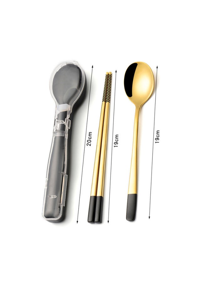 304 Stainless Steel Portable Tableware Three-Piece Gift Tableware Outdoor Camping Student Tableware Spoon Fork Chopsticks Set-Specifications:Golden Ink Black Two-piece Set ] - Image 1