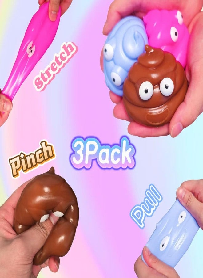 EVDERS 3 Pack Poop Stress Balls Sensory Fidget Toys Funny Stretchy Stress Relief Poo Toys Squishy Ball for Adults & Kids Joke Prank Poop Shape Squishy Toys for Party Favors (Brown/Blue/Pink) - Image 3