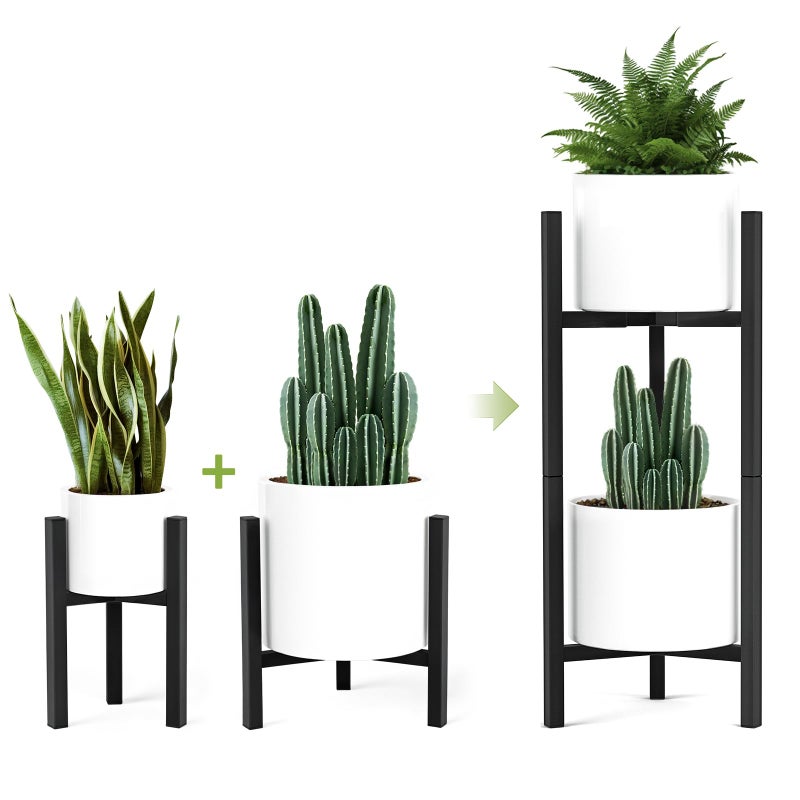 IZIDDO 2 Pack Adjustable Plant Stand Indoor Black Metal Planter Stands Outdoor Tall 2 Tier Mid Century Modern Plant Holder Fit 8 10 12 inch Pots Single Floor Plant Stands for Indoor Plants2 Tier