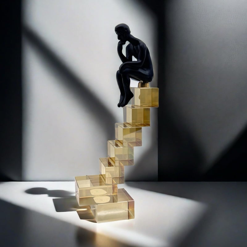 FUNSXBUG 12 Inch The Thinker Statue Thinking Man Statues Sitting on Crystal Glass Stairs Sculptures Collectible Figurine Home Decor Living Room Decoration - Image 2