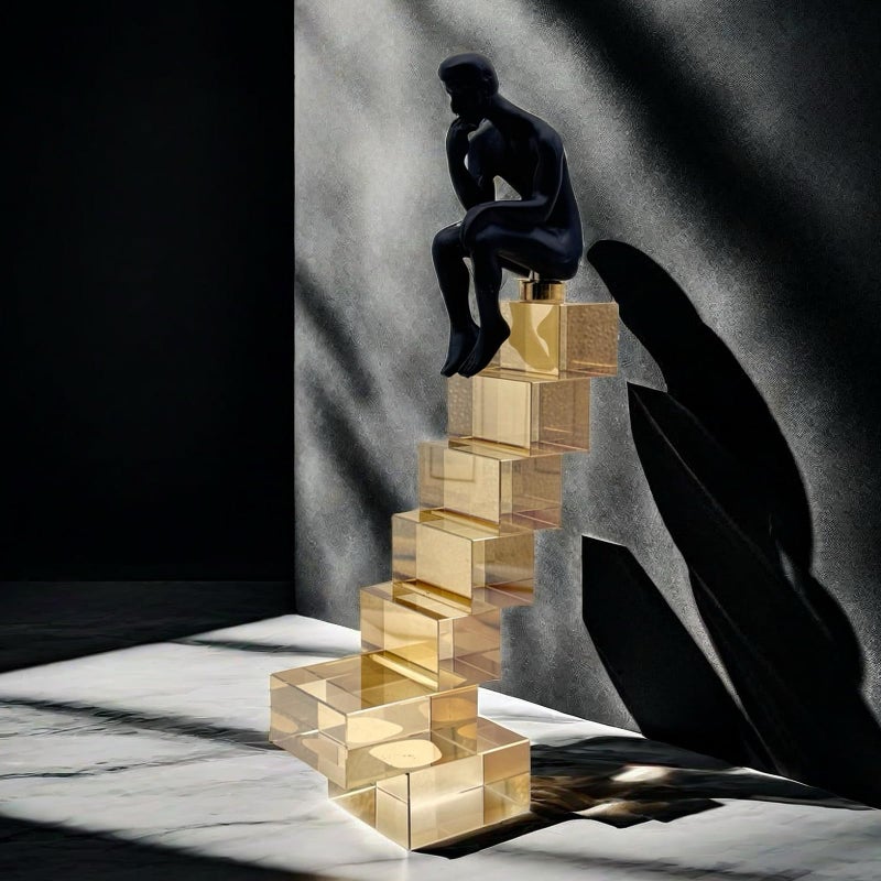 FUNSXBUG 12 Inch The Thinker Statue Thinking Man Statues Sitting on Crystal Glass Stairs Sculptures Collectible Figurine Home Decor Living Room Decoration - Image 4