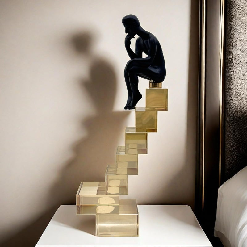 FUNSXBUG 12 Inch The Thinker Statue Thinking Man Statues Sitting on Crystal Glass Stairs Sculptures Collectible Figurine Home Decor Living Room Decoration - Image 3