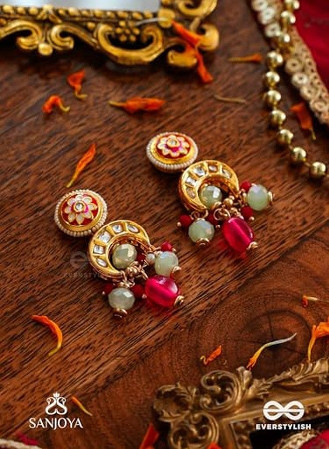 SANJOYA by EVERSTYLISH Kundan Earrings for Women | Gold & Red Dangler Earrings with Crescent Moon & Bead Accents | Ethnic Jewelry for Weddings, Festivals & Special Occasions - Image 3
