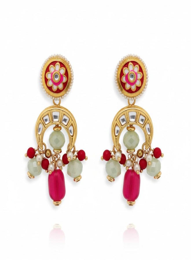 SANJOYA by EVERSTYLISH Kundan Earrings for Women | Gold & Red Dangler Earrings with Crescent Moon & Bead Accents | Ethnic Jewelry for Weddings, Festivals & Special Occasions - Image 1