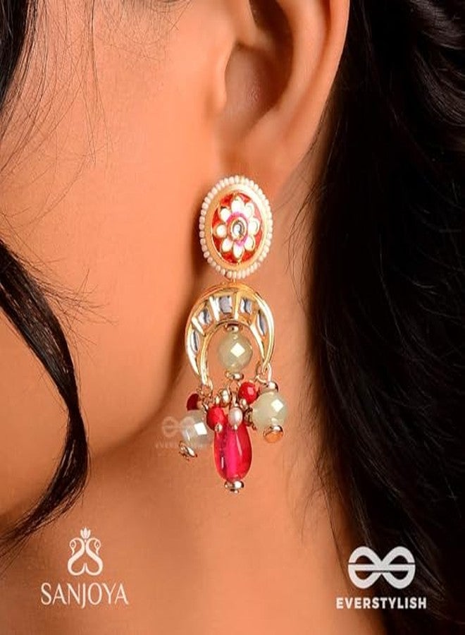 SANJOYA by EVERSTYLISH Kundan Earrings for Women | Gold & Red Dangler Earrings with Crescent Moon & Bead Accents | Ethnic Jewelry for Weddings, Festivals & Special Occasions - Image 2