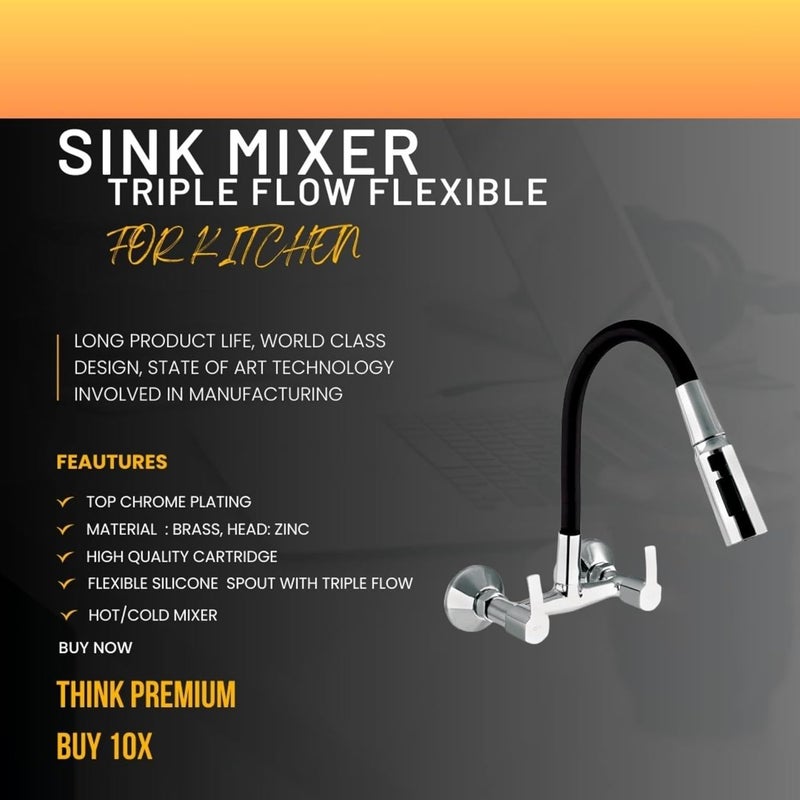 10X Brass Sink Mixer SMI-56d4 Chrome Rotatable Spout Wall Mount Hot/Cold Triple Flow (Black) - Image 3