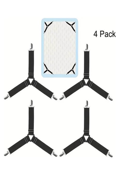 Set of 4 clip holders, 3-way adjustable, elastic fasteners and suspenders for fitted sheets