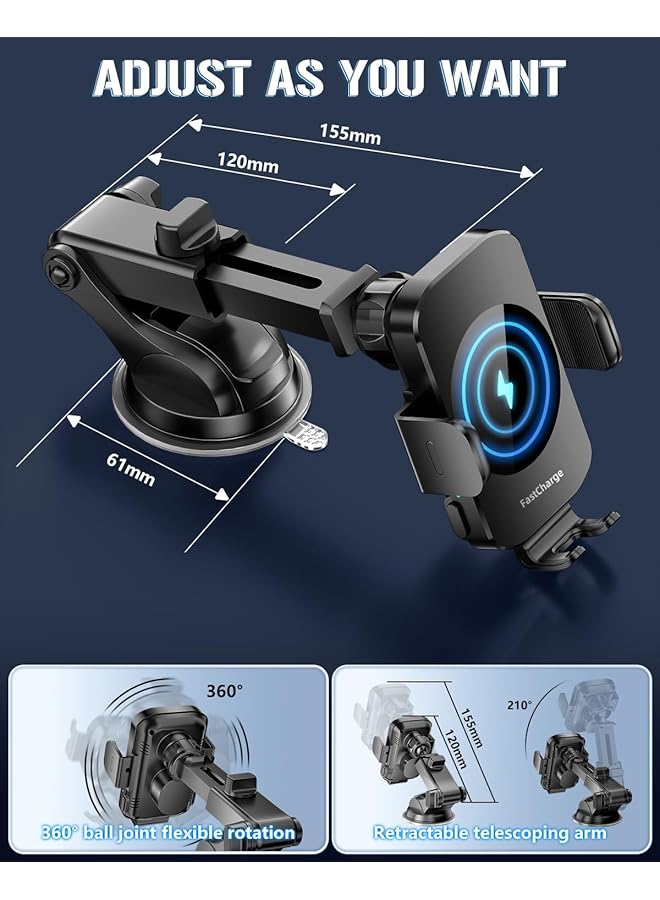 KASTWAVE Fast Wireless Car Charger & Phone Holder, 3-In-1 Auto Clamping Mount For Iphone 15/14/13/12/11 & Samsung S23/S22/S21/S20/S10+/S9+/Note 9 - Black - Image 5