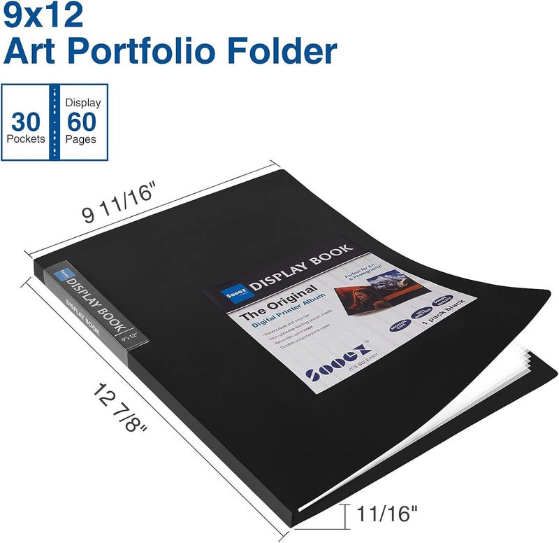 Sooez 30-Pocket Binder with Plastic Sleeves 9x12 (Black), Heavy Duty Art Portfolio Folder with Clear Sheet Protectors, Display 60 Pages, Presentation Book for Artwork, Document Organizer Binder - Image 2