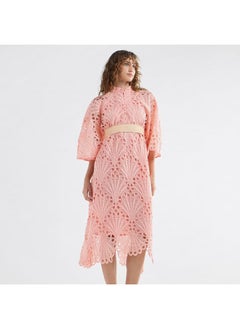 FAV Lace Detail A-Line Dress with High Neck and Short Sleeves  - Image 2