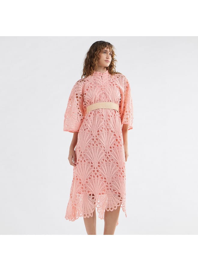 Splash FAV Lace Detail A-Line Dress with High Neck and Short Sleeves  - Image 2