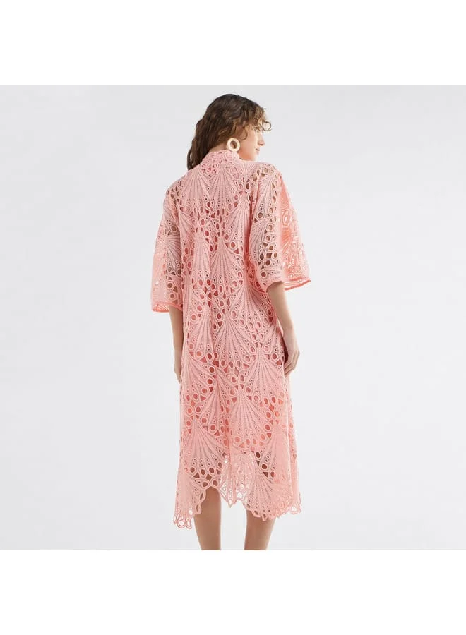 Splash FAV Lace Detail A-Line Dress with High Neck and Short Sleeves