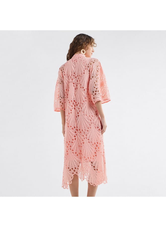 Splash FAV Lace Detail A-Line Dress with High Neck and Short Sleeves  - Image 3