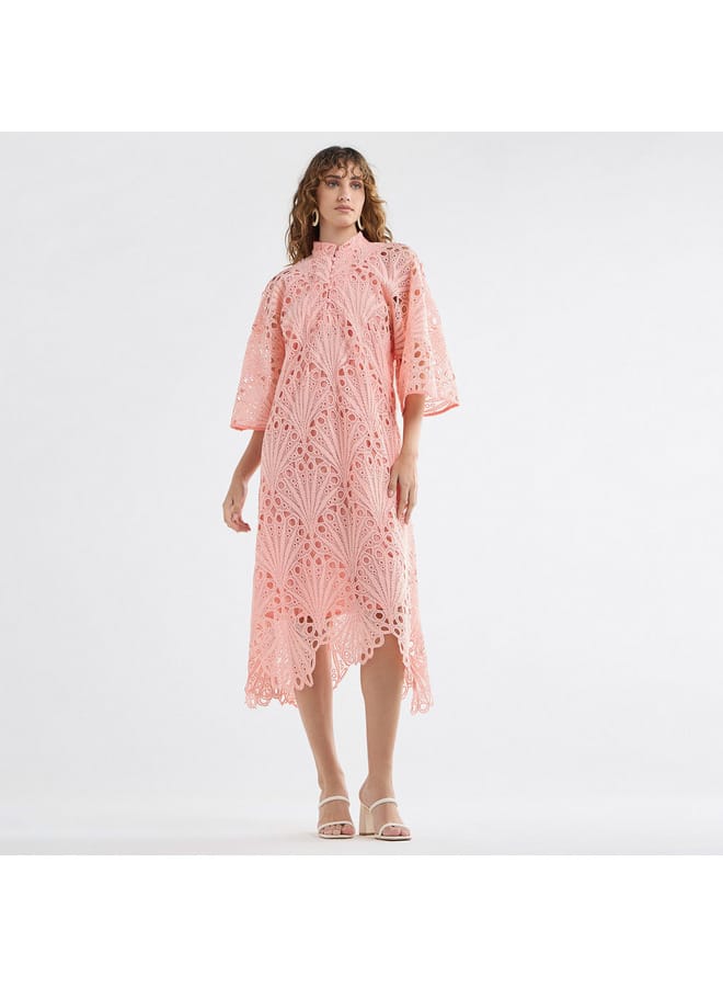 Splash FAV Lace Detail A-Line Dress with High Neck and Short Sleeves  - Image 1