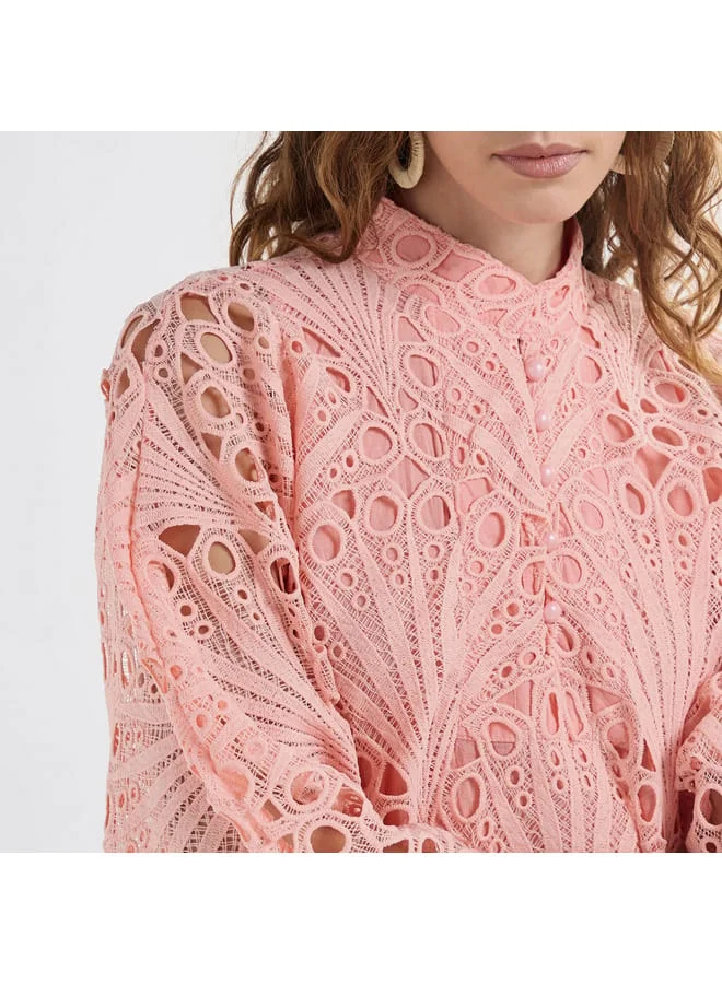 Splash FAV Lace Detail A-Line Dress with High Neck and Short Sleeves