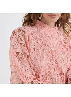 FAV Lace Detail A-Line Dress with High Neck and Short Sleeves  - Image 4