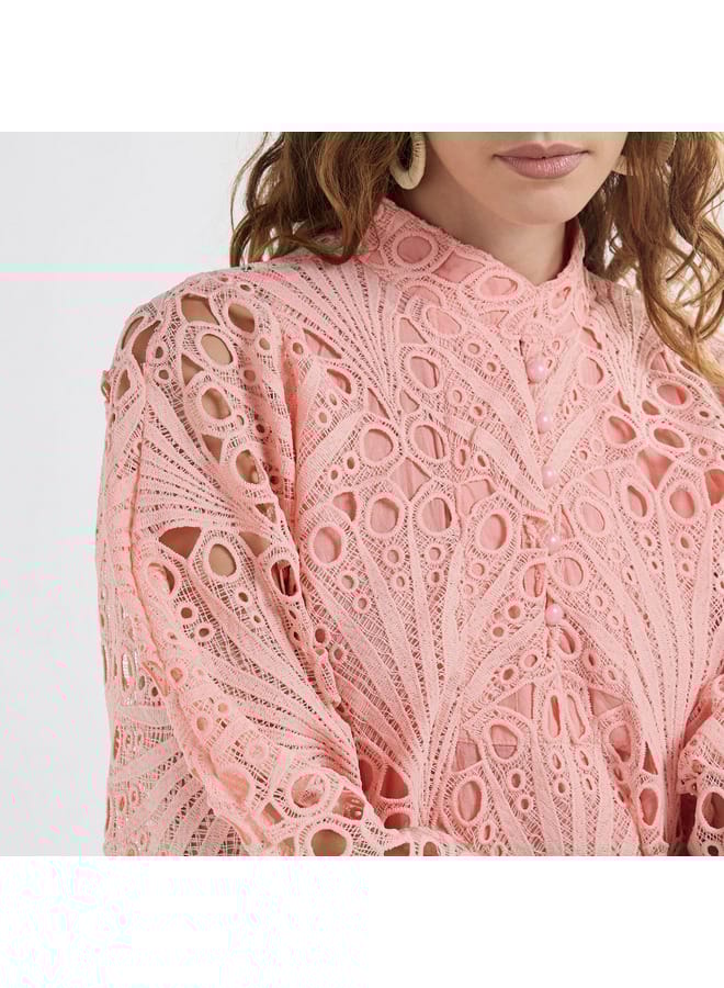 Splash FAV Lace Detail A-Line Dress with High Neck and Short Sleeves  - Image 4