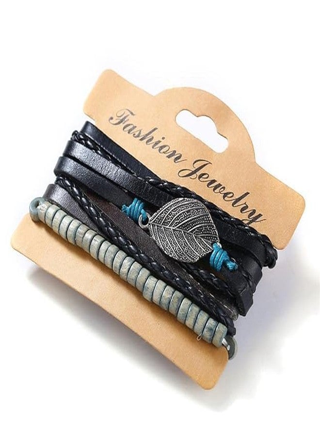 VIEN Bohemian Vintage Multilayer Bracelet Men Leather Wrap Bracelet Set(BLACK) - Image 3