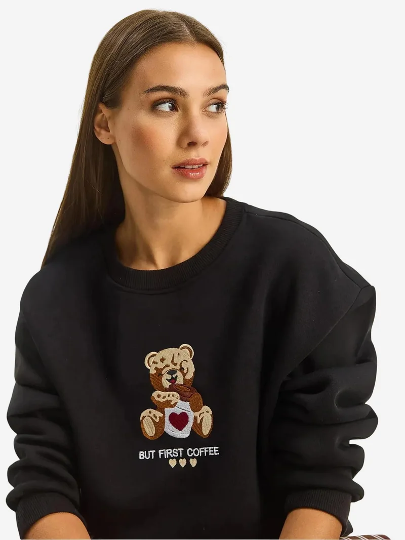 Bianco Lucci Black LUCCI Embroidered Crew Neck Long Sleeve Sweatshirt for Women | Best Price UAE