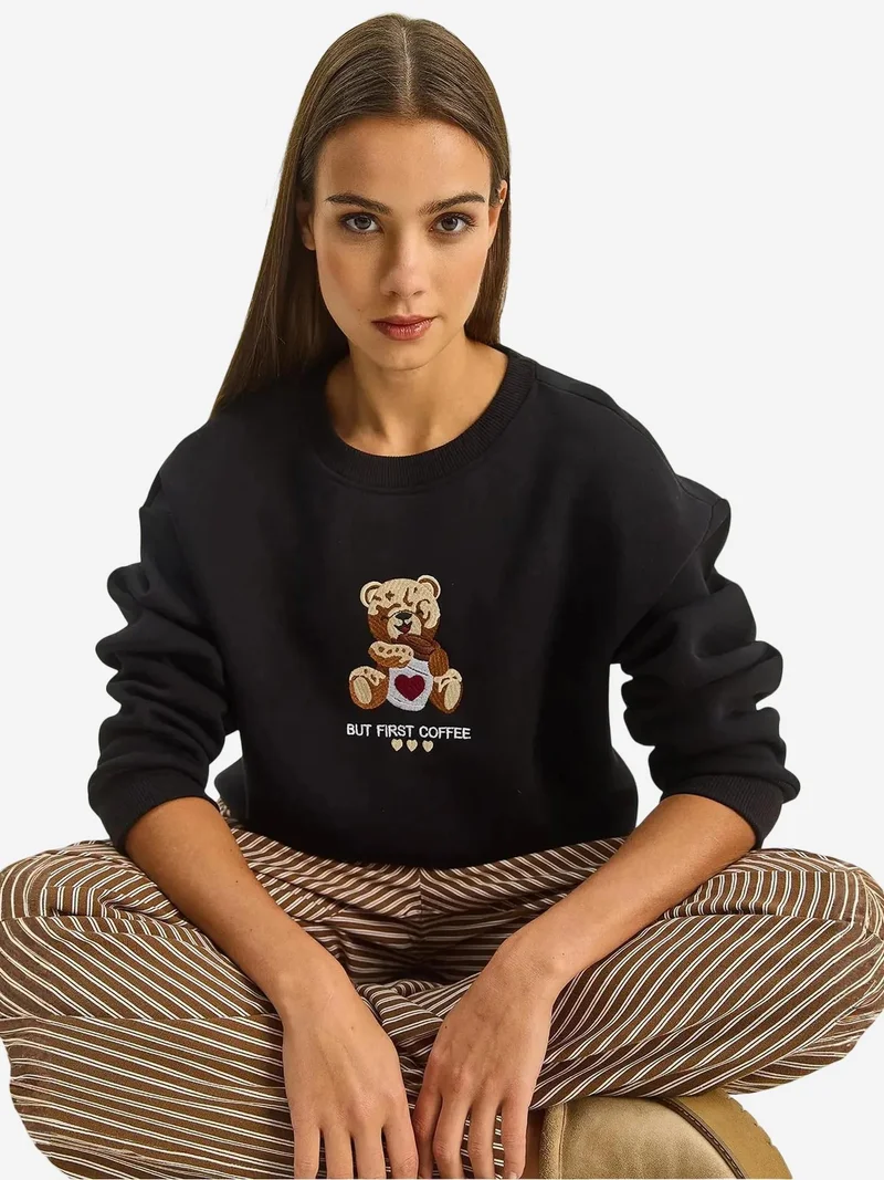 Bianco Lucci Black LUCCI Embroidered Crew Neck Long Sleeve Sweatshirt for Women | Best Price UAE