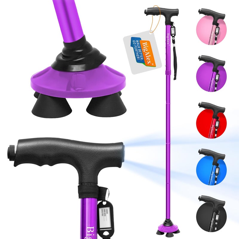 BigAlex Folding Walking Cane with LED Light,Pivoting Quad Base,Adjustable Walking Stick with Carrying Bag for Men/Women - Image 1