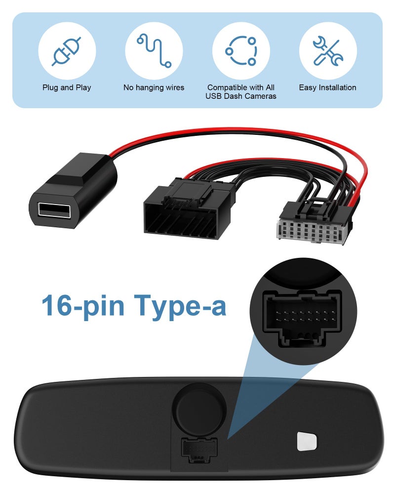 VASTHOME Dashcam Power Adapter (16-Pin Type A) for Ford Vehicles, Compatible with Bronco, Explorer, F150, F250, Mustang, Edge, Fiesta, Expedition, F350, and Flex (5V/2A Output ONLY) - Image 5