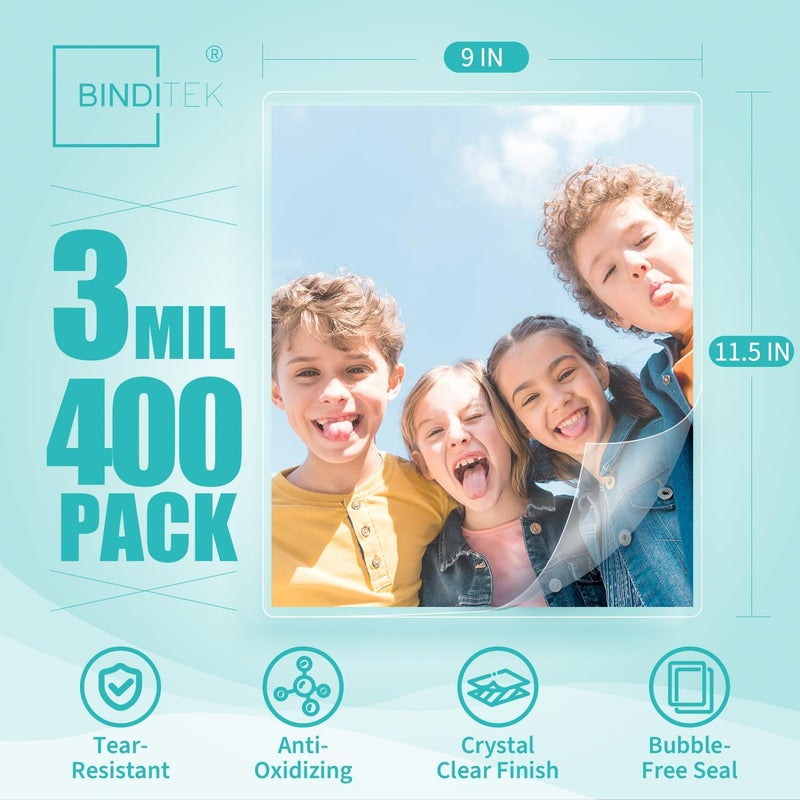 Binditek 400 حزمة من أكياس الترقق الحراري بسماكة 3 مل، 9x11.5 بوصة، لأحجام الرسائل، شفاف للغاية، لامع، يحمل 8.5x11 بوصة، ختم حراري، مستلزمات مكتبية مدرسية - Image 2