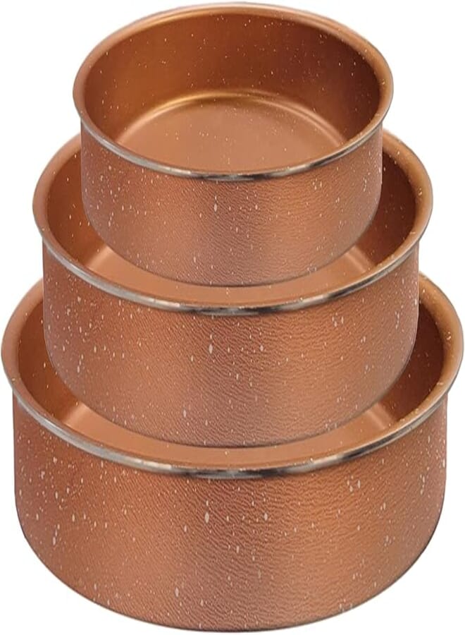 Trueval 3-Piece Oven Tray Set (sizes 24 cm, 26 cm, and 28 cm) in a copper color with white speckles