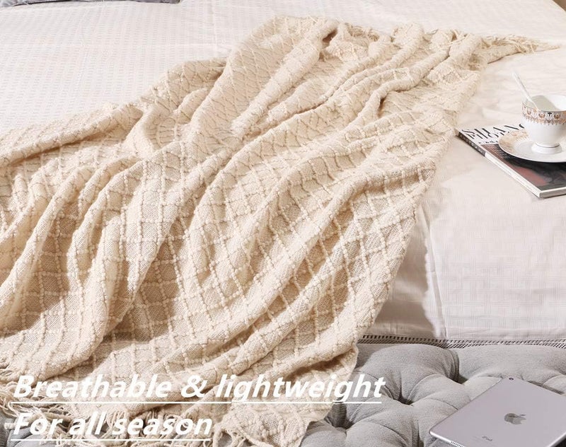 CREVENT Home Decor Rustic Couch Sofa Chair Bed Throw Blanket, Soft Warm Cozy Light Weight for Travelling in Spring Summer (127x152cm Beige/Ivory) - Image 3