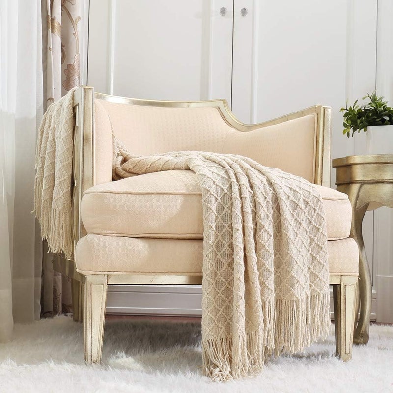 CREVENT Home Decor Rustic Couch Sofa Chair Bed Throw Blanket, Soft Warm Cozy Light Weight for Travelling in Spring Summer (127x152cm Beige/Ivory) - Image 1