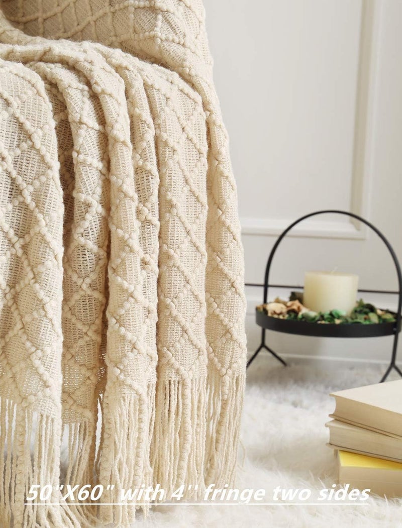 CREVENT Home Decor Rustic Couch Sofa Chair Bed Throw Blanket, Soft Warm Cozy Light Weight for Travelling in Spring Summer (127x152cm Beige/Ivory) - Image 2