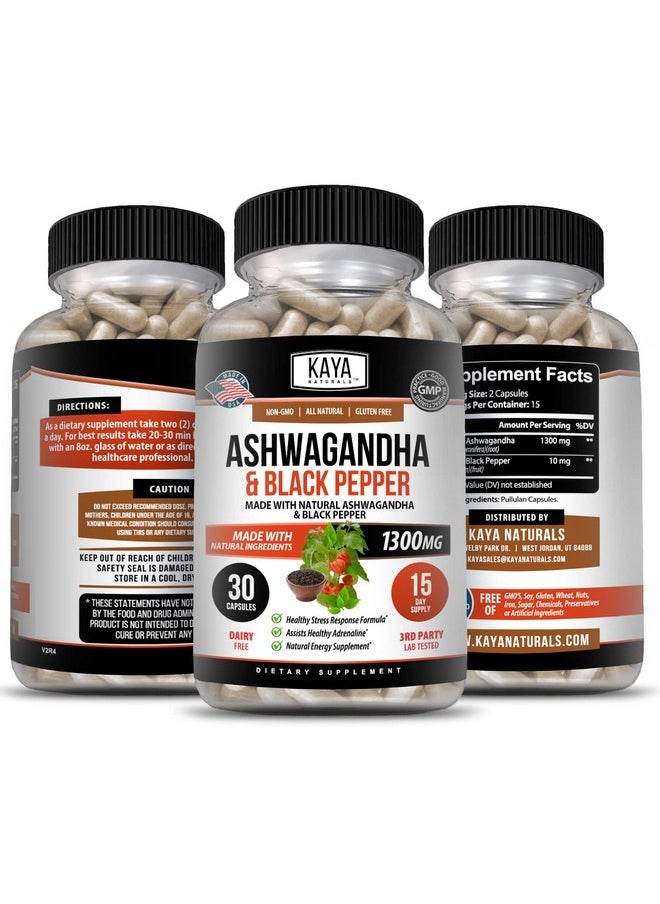 Kaya Naturals - Organic Ashwagandha Root With Black Pepper ; Maximum Strength 1300Mg Adaptogen Supplement Support Adrenal Glandular Health Mood Relief Focus Energy & Vitality For Men & Women 30Ct - Image 1