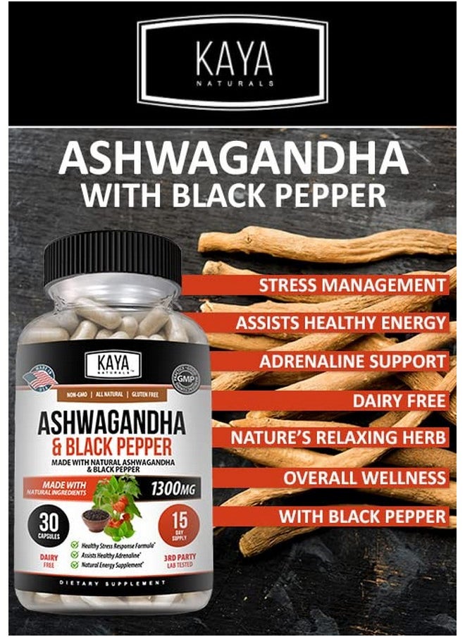 Kaya Naturals - Organic Ashwagandha Root With Black Pepper ; Maximum Strength 1300Mg Adaptogen Supplement Support Adrenal Glandular Health Mood Relief Focus Energy & Vitality For Men & Women 30Ct - Image 1