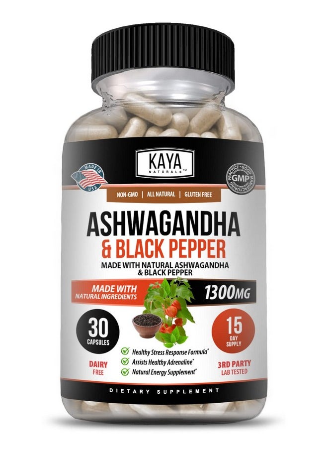 Kaya Naturals - Organic Ashwagandha Root With Black Pepper ; Maximum Strength 1300Mg Adaptogen Supplement Support Adrenal Glandular Health Mood Relief Focus Energy & Vitality For Men & Women 30Ct - Image 1