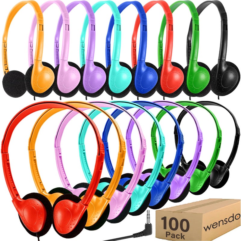 Wensdo 100 Pack Bulk Headphones for Classroom School Kids, Wholesale Class Set Durable Headset for Student Boys Girls Adults, Wired Earphones with 3.5mm Jack for Computer Chromebook (HY857,100 Mixed) - Image 1