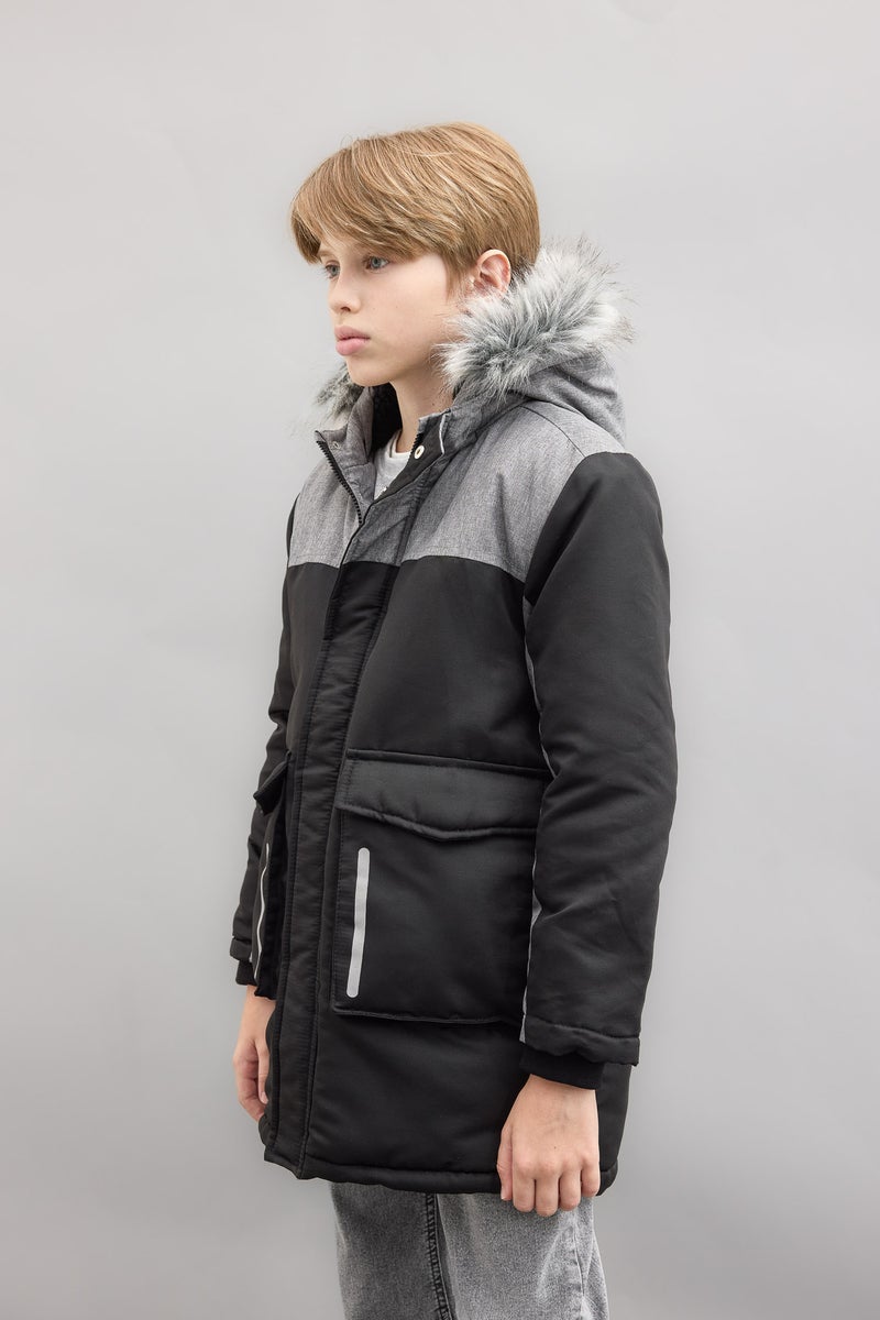 DeFacto Black Boy Removable Faux Fur Collar Hooded Plush Lined Jacket Casual - Image 4