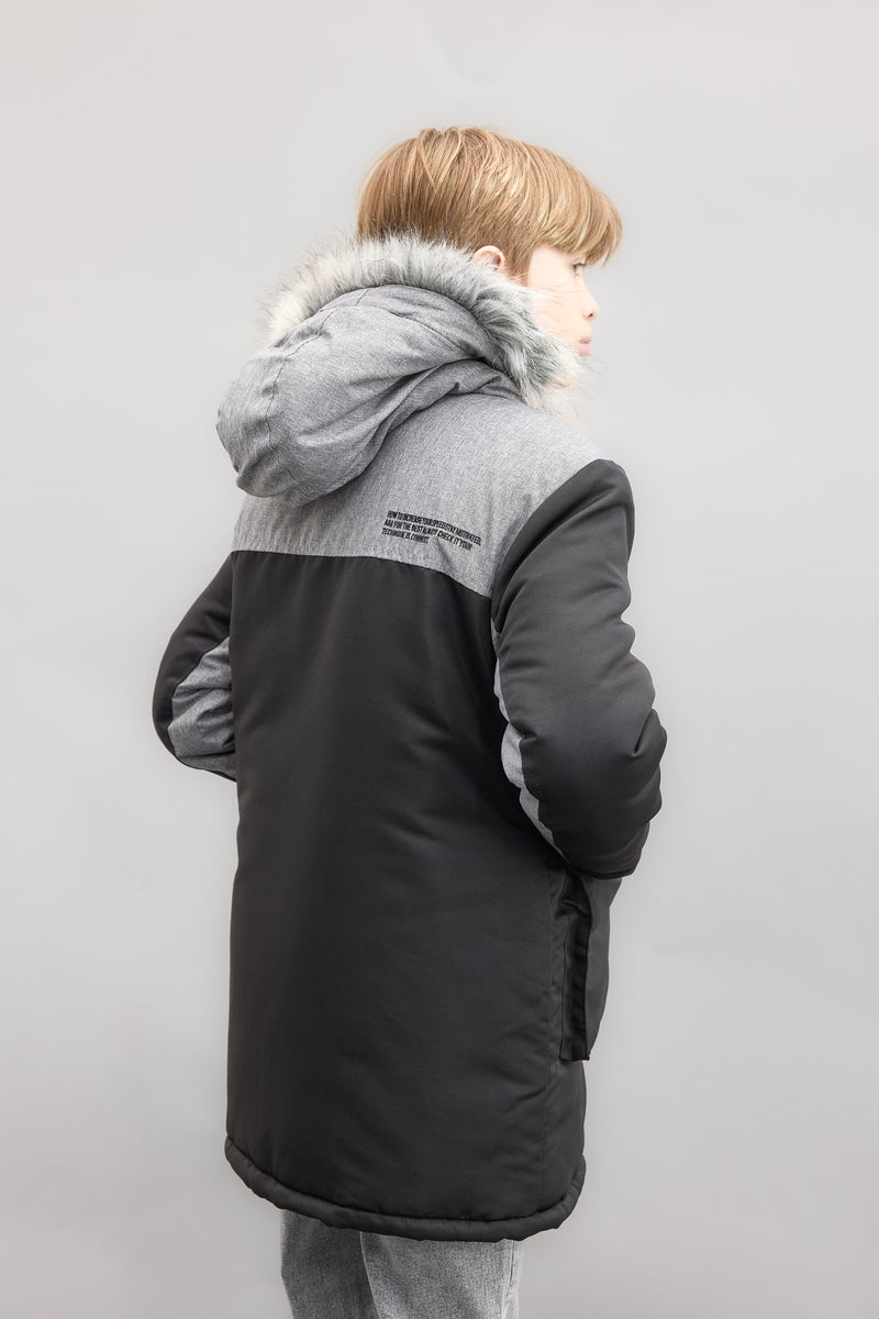 DeFacto Black Boy Removable Faux Fur Collar Hooded Plush Lined Jacket Casual - Image 5