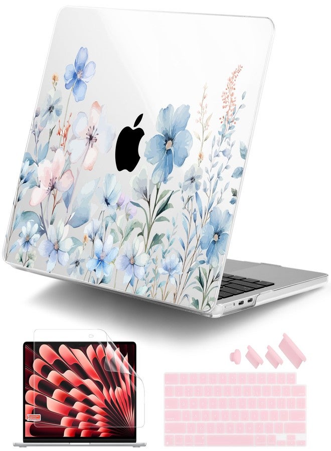 DONGKE Compatible with M3 MacBook Air 15 inch Case 2024 2023 A3114 A2941 M2 Retina Display Touch ID, Plastic Hard Case & Keyboard Skin & Screen Protector for MacBook Air 15.3" - Blue Flowers - Image 1