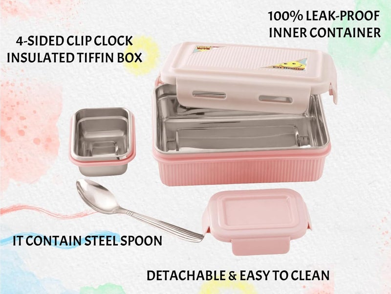 Nabhya Hot Bite Stainless Steel Lunch Box 600ml for Kids, Steel Tiffin Box for School & Office, Kids Lunch Box with Spoon, Leak-Proof Snacks Tiffin Box for Kids, (Small, Pink) - Image 2