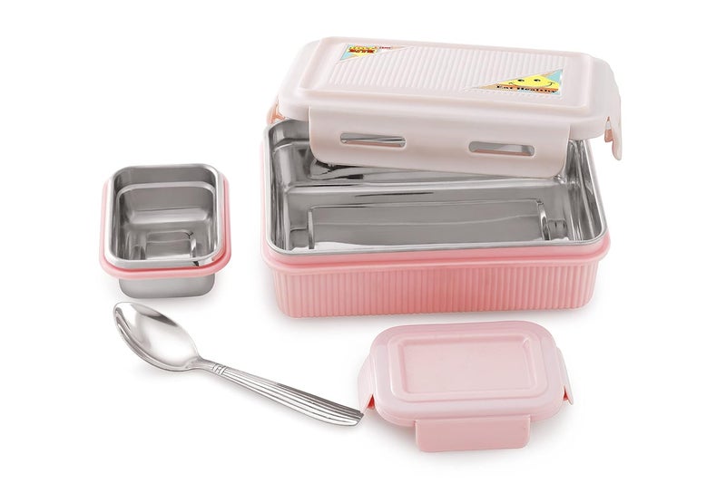 Nabhya Hot Bite Stainless Steel Lunch Box 600ml for Kids, Steel Tiffin Box for School & Office, Kids Lunch Box with Spoon, Leak-Proof Snacks Tiffin Box for Kids, (Small, Pink) - Image 1