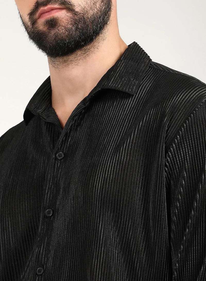 Campus Sutra Men's Midnight Black Pleat-Creased Shirt