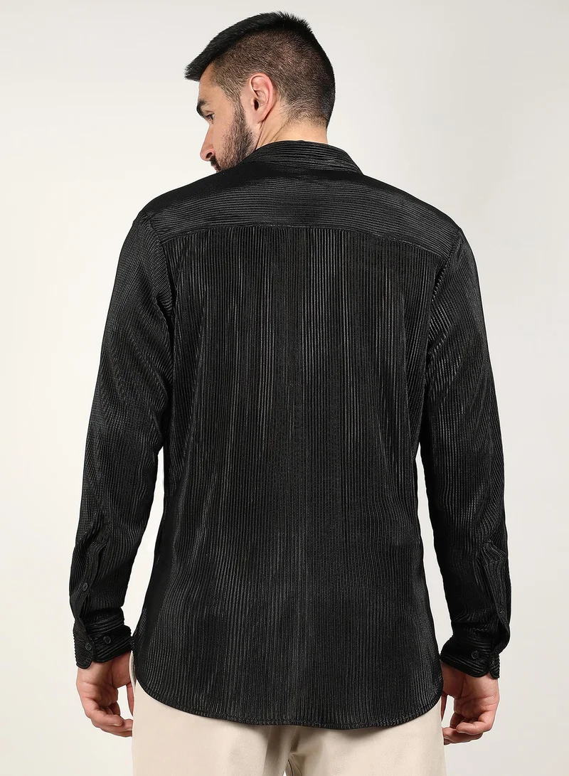 Campus Sutra Men's Midnight Black Pleat-Creased Shirt