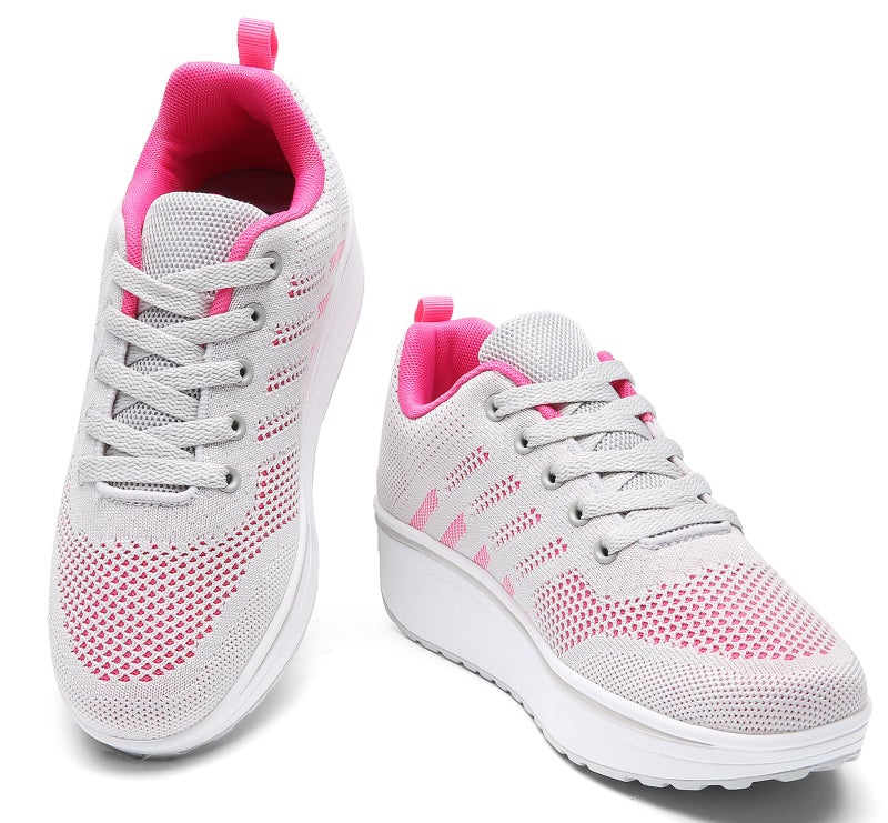 DADAWEN Women's Slip On Breathable Mesh Walking Tennis Shoes Lightweight Comfort Wedge Platform Casual Sneakers for Gym Travel Work Gray/Hot Pink US Size 7.5 - Image 3