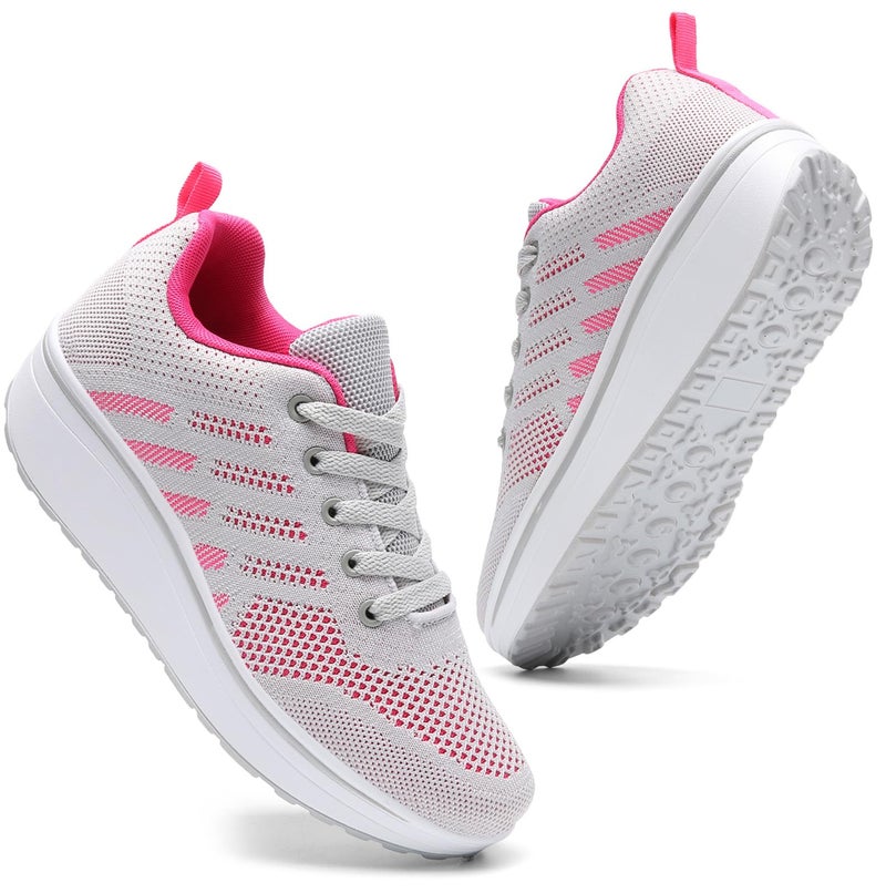 DADAWEN Women's Slip On Breathable Mesh Walking Tennis Shoes Lightweight Comfort Wedge Platform Casual Sneakers for Gym Travel Work Gray/Hot Pink US Size 7.5 - Image 1